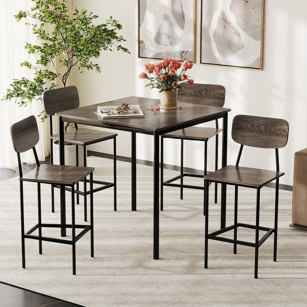 5-Piece Dining Set with Counter Height Table and Bar Stools for Modern Living Rooms